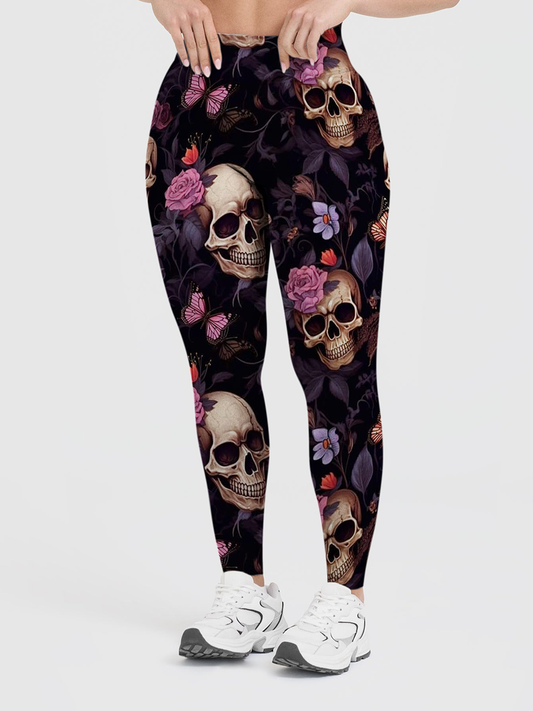Vintage Realistic Skull Rose Butterfly Gothic Leggings