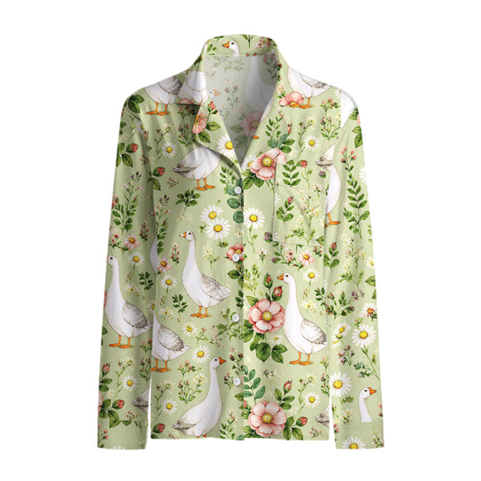 Pastoral Goose Garden Print Long Pajama Set