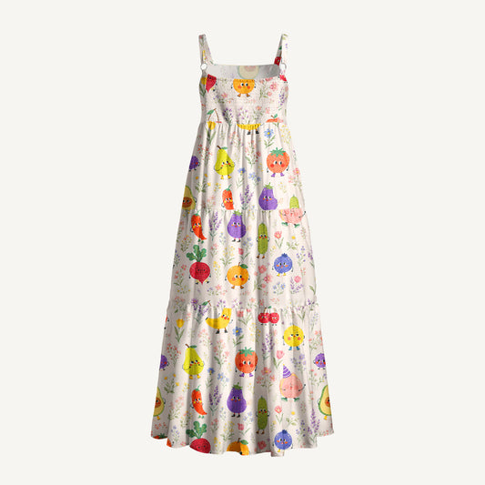 Whimsical Fruit Blossom Garden Print Wide Straps Maxi Dress With Pockets