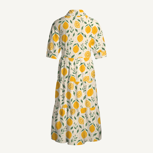 V Neck Collared Vintage Lemon Orchard Print Casual Midi Dress With Pockets