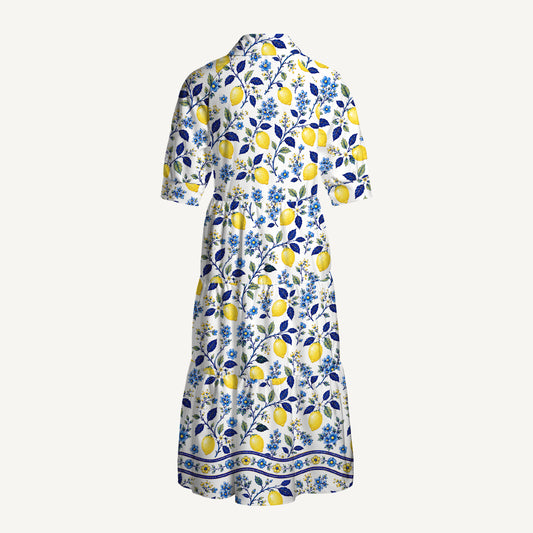 V Neck Collared Blue Lemon Floral Print Casual Midi Dress With Pockets