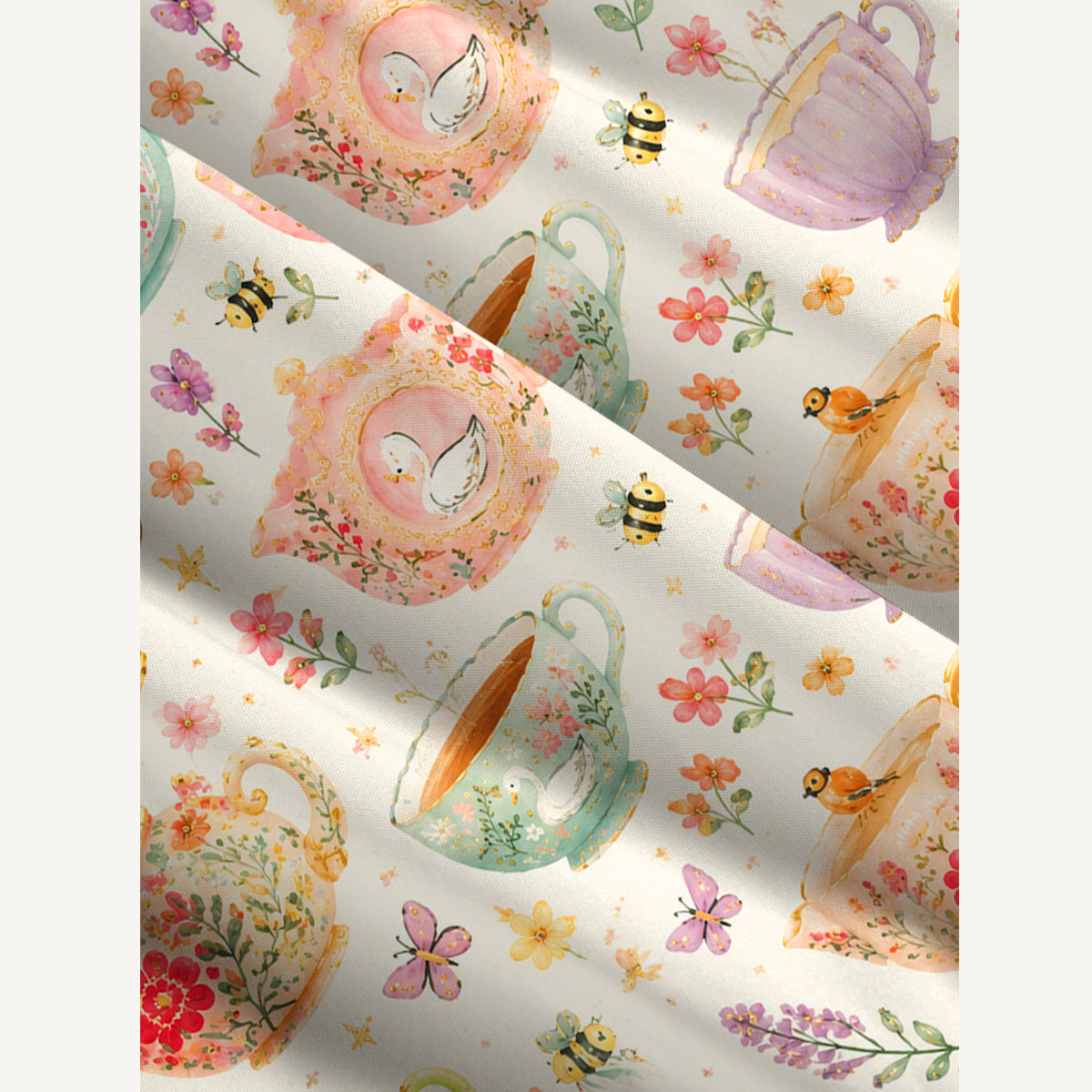 Whimsical Floral Teacup Cat Print Wide Straps Maxi Dress With Pockets