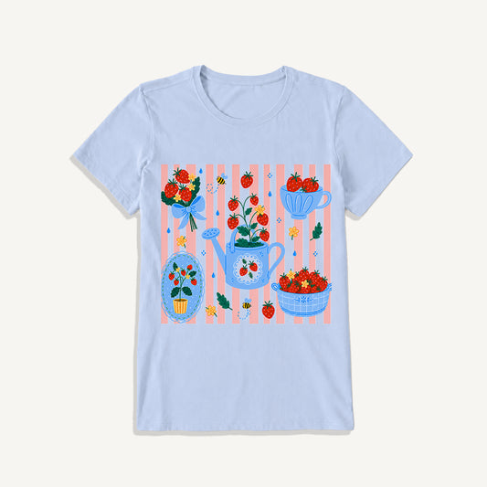 Strawberry Garden Harvest Print Crew Neck Cotton Tee