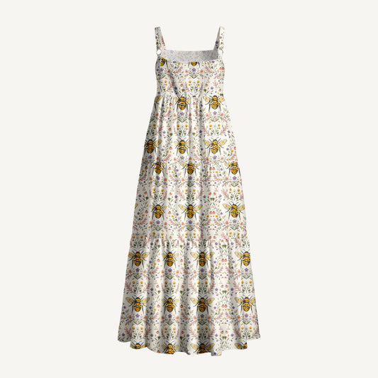 Bee Floral Print Wide Straps Maxi Dress With Pockets
