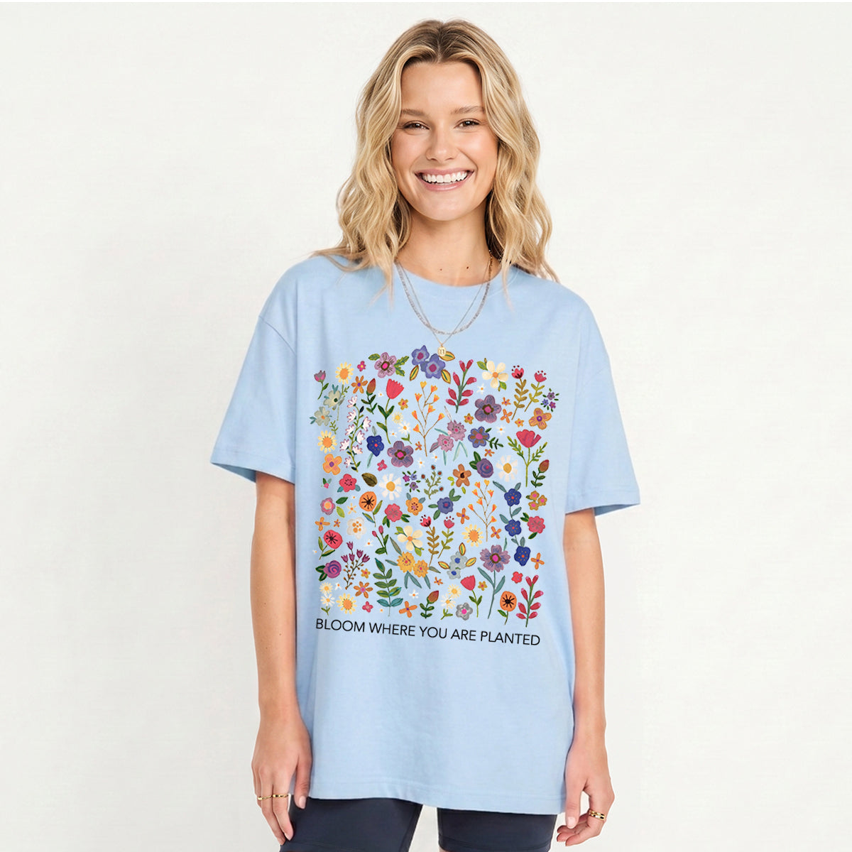 Bloom Where You Are Planted Print Crew Neck Cotton Tee