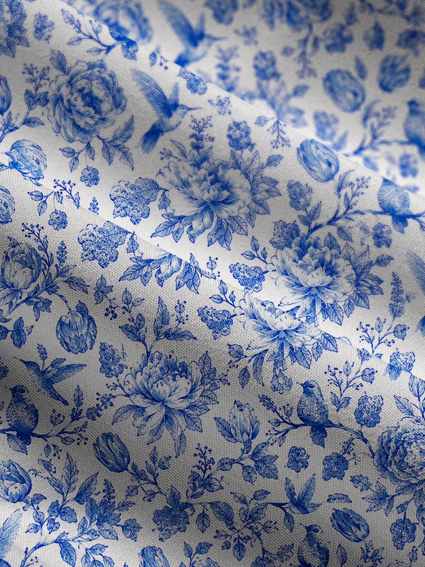 V Neck Collared Bluebird Blossom Toile Print Casual Midi Dress With Pockets