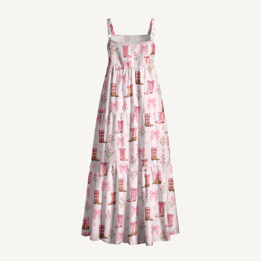 Blush Bow Cowgirl Boots Floral Print Wide Straps Maxi Dress With Pockets