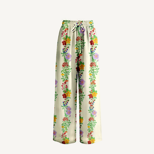 Boho Blossom Trail Wide Leg Tie Waist Pants With Pockets