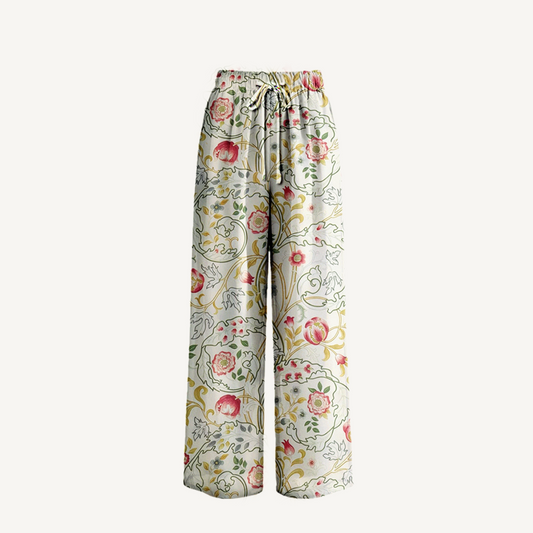 Boho Peony Vine Garden Wide Leg Tie Waist Pants With Pockets