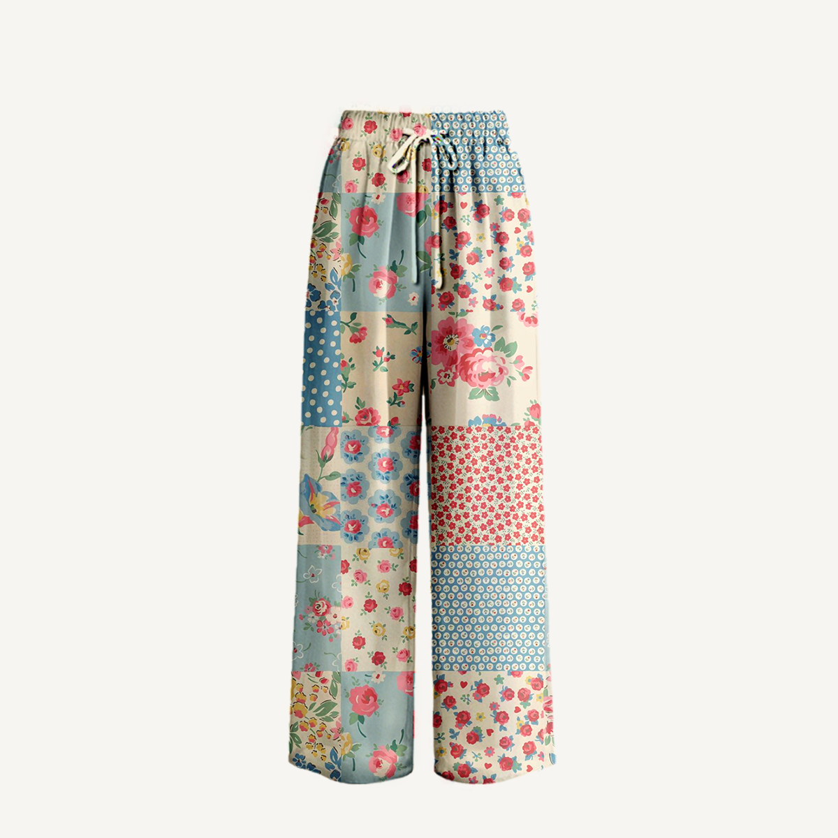 Boho Pastel Patc Wide Leg Tie Waist Pants With Pockets
