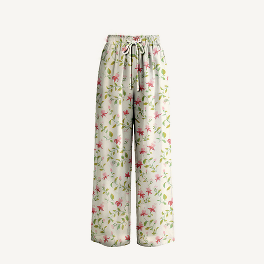 Boho Ruby Vine Wide Leg Tie Waist Pants With Pockets