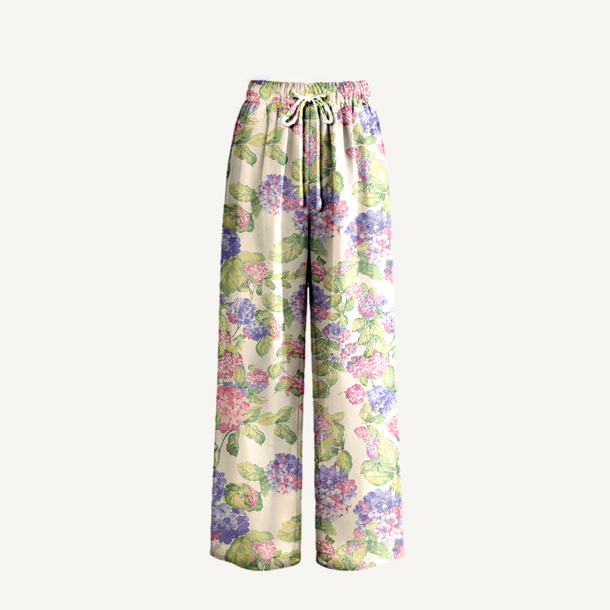Boho Lilac Hydrangea Wide Leg Tie Waist Pants With Pockets