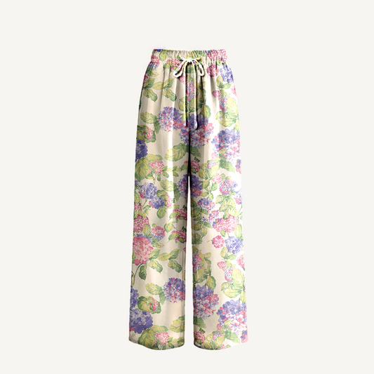 Boho Lilac Hydrangea Wide Leg Tie Waist Pants With Pockets