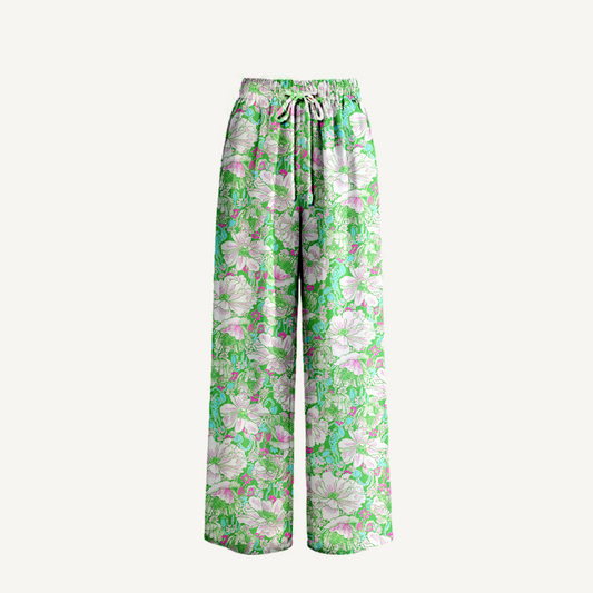 Boho Mint Garden Wide Leg Tie Waist Pants With Pockets
