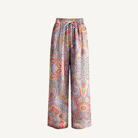Boho Sunrise Paisley Wide Leg Tie Waist Pants With Pockets