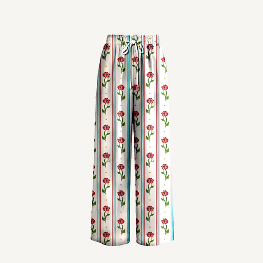 Boho Crimson Dianthus Wide Leg Tie Waist Pants With Pockets