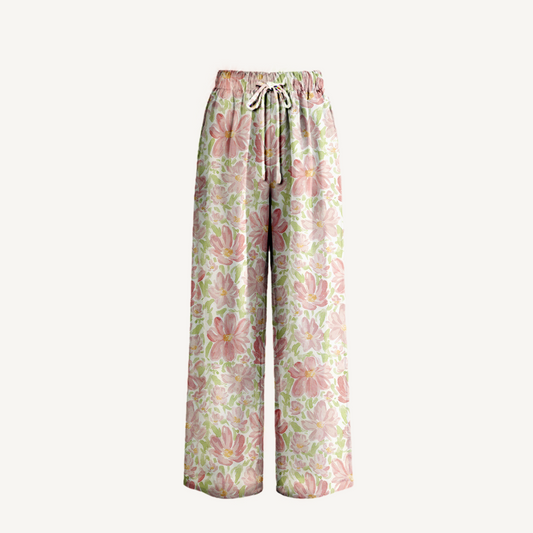 Boho Cosmos Flower Wide Leg Tie Waist Pants With Pockets