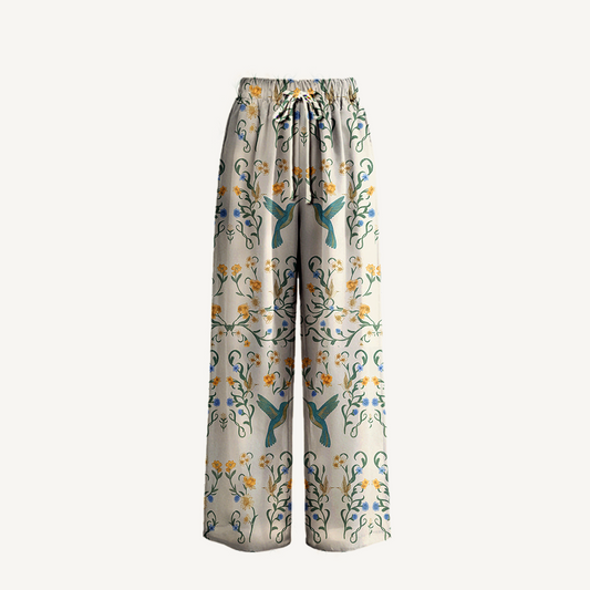 Boho Whispering Hummingbird Wide Leg Tie Waist Pants With Pockets
