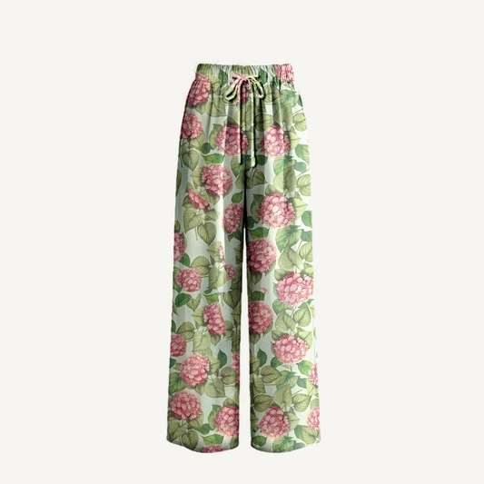 Boho Hydrangea Whisper Wide Leg Tie Waist Pants With Pockets