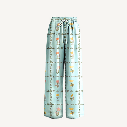 Boho Sunny Garden Tiles Wide Leg Tie Waist Pants With Pockets