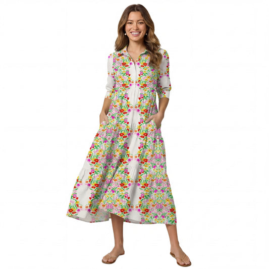 V Neck Collared Elegant Garden Casual Floral Midi Dress With Pockets