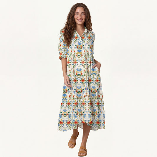 V Neck Collared Folk Bloom Midi Dress With Sleeves & Pockets