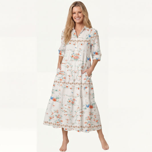 V Neck Collared Wild Bloom Casual Floral Midi Dress With Pockets