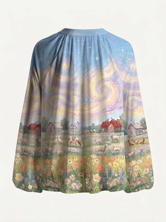Pastoral Dawn Dreamscape Print Boho Long Sleeve Tie‑Neck Blouse