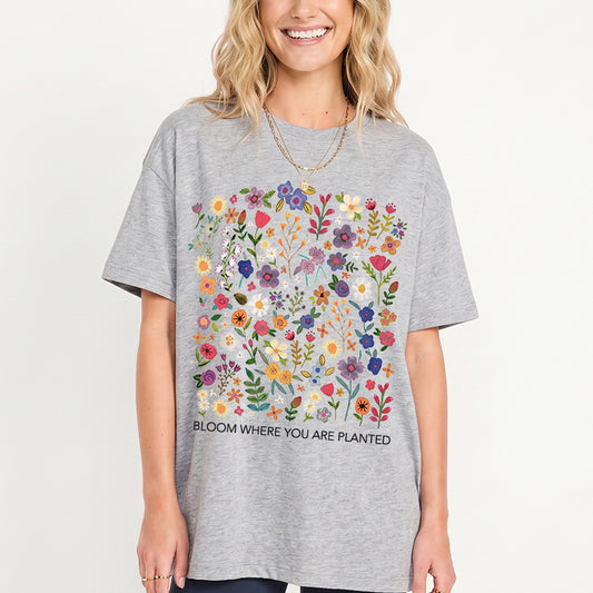 Bloom Where You Are Planted Print Crew Neck Cotton Tee