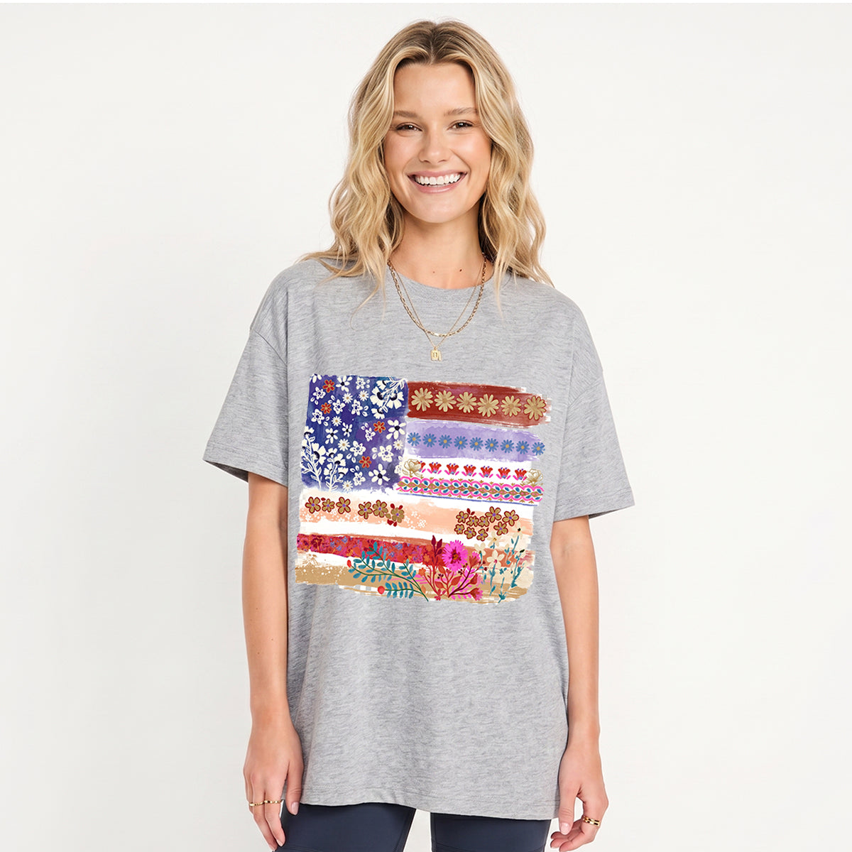 Flower Flag Print Crew Neck Cotton Tee