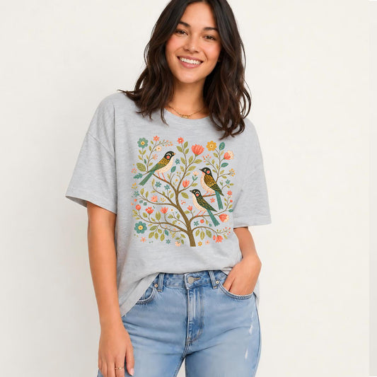 Blossom Bird Serenity Print Crew Neck Cotton Tee