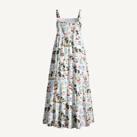 Milk Cow Cherry Garden Print Wide Straps Maxi Dress With Pockets