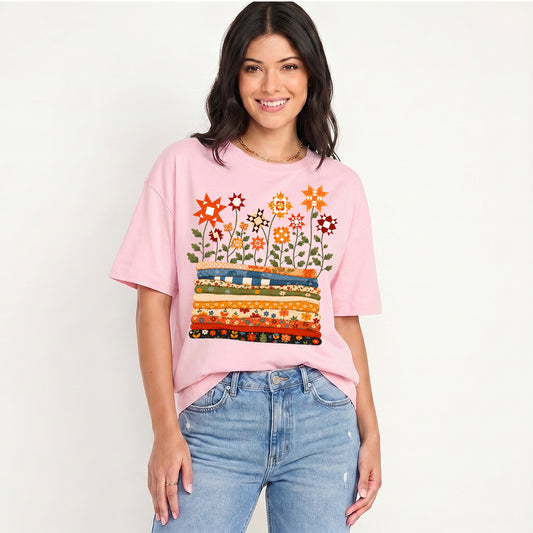 Patchwork Star Quilt Garden Print Crew Neck Cotton Tee