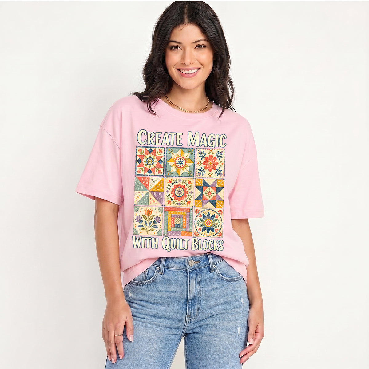 Magic Quilt Blocks Print Crew Neck Cotton Tee