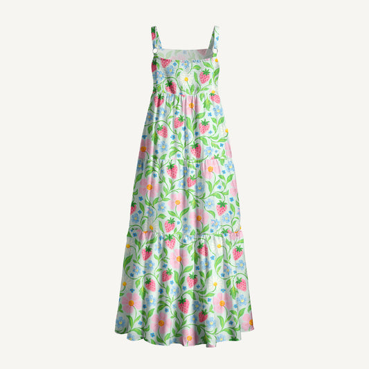 Strawberry Daisy Dream Print Wide Straps Maxi Dress With Pockets