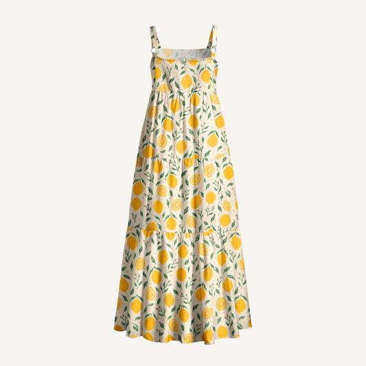 Vintage Lemon Orchard Print Wide Straps Maxi Dress With Pockets