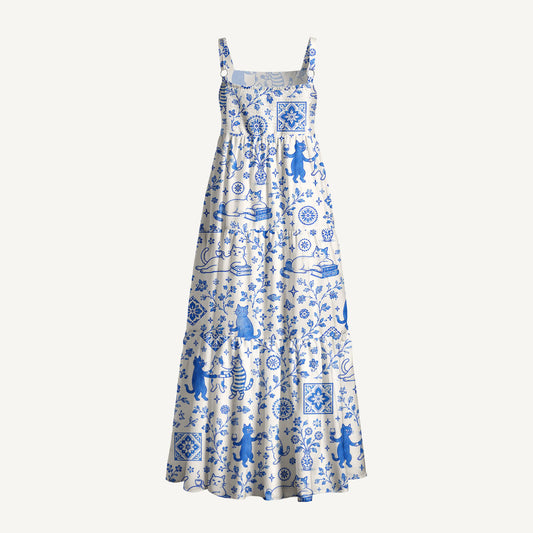 Whimsical Delft Cats Print Wide Straps Maxi Dress With Pockets