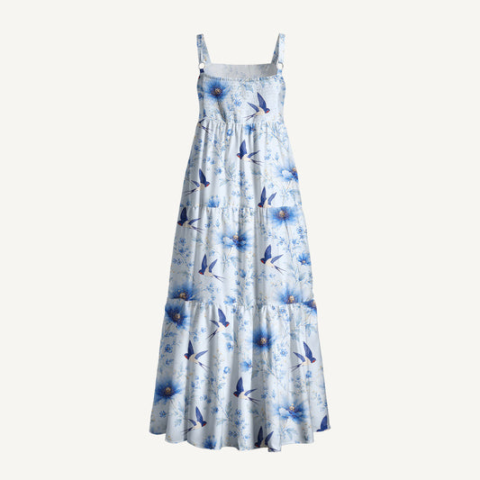 Whispers of Blue Swallows Print Wide Straps Maxi Dress With Pockets