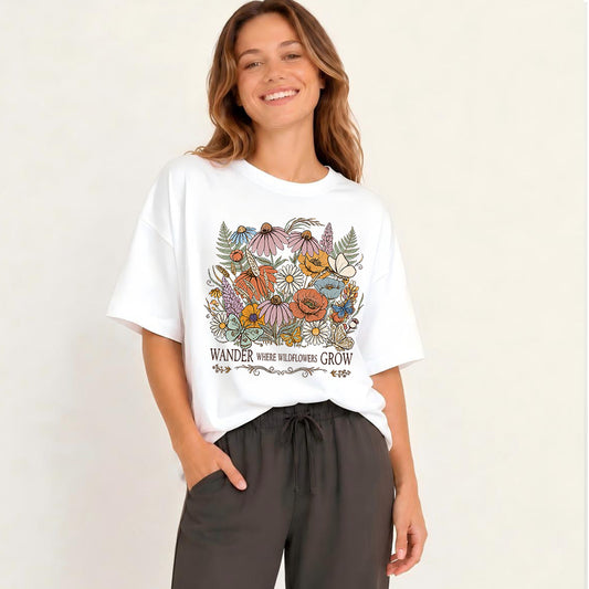 Wander Wildflowers Print Crew Neck Cotton Tee