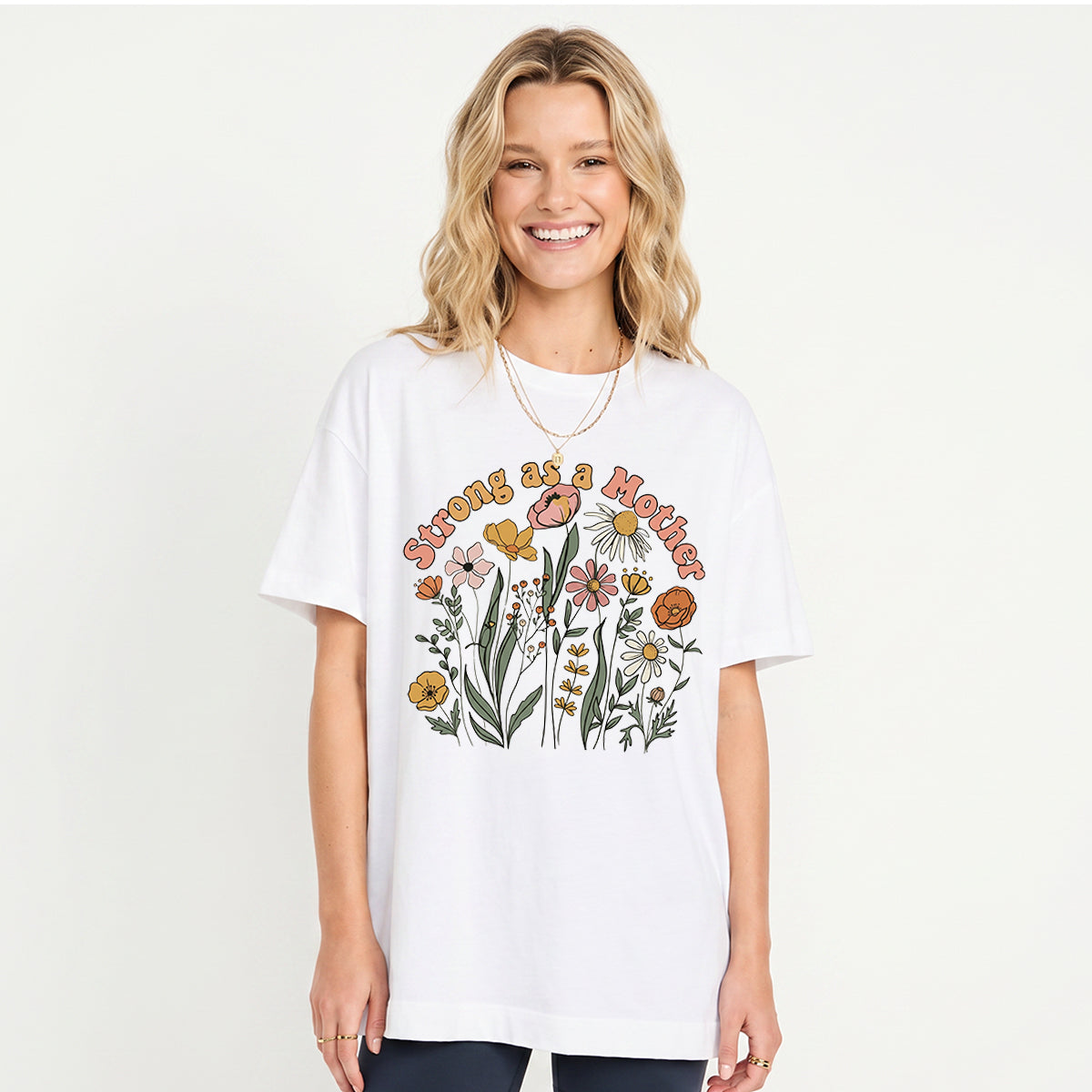 Strong As A Mother Print Crew Neck Cotton Tee