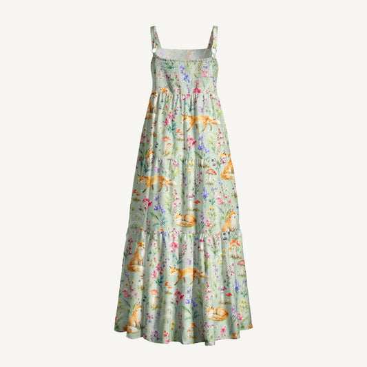 Woodland Fox Blooms Print Wide Straps Maxi Dress With Pockets