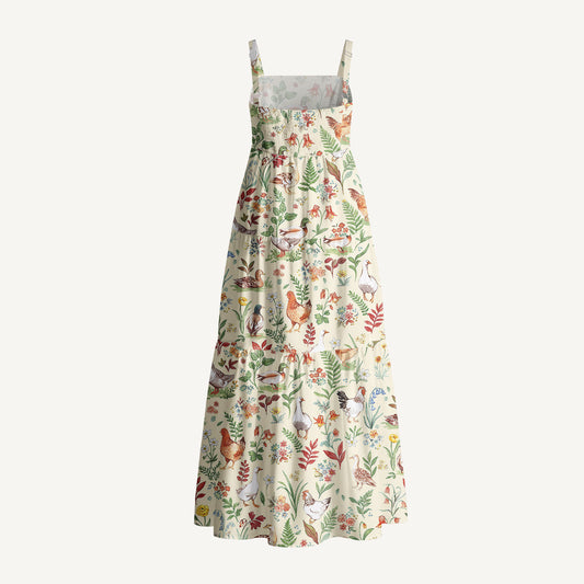 Countryside Garden Critter Print Cotton Wide Straps Maxi Dress With Pockets