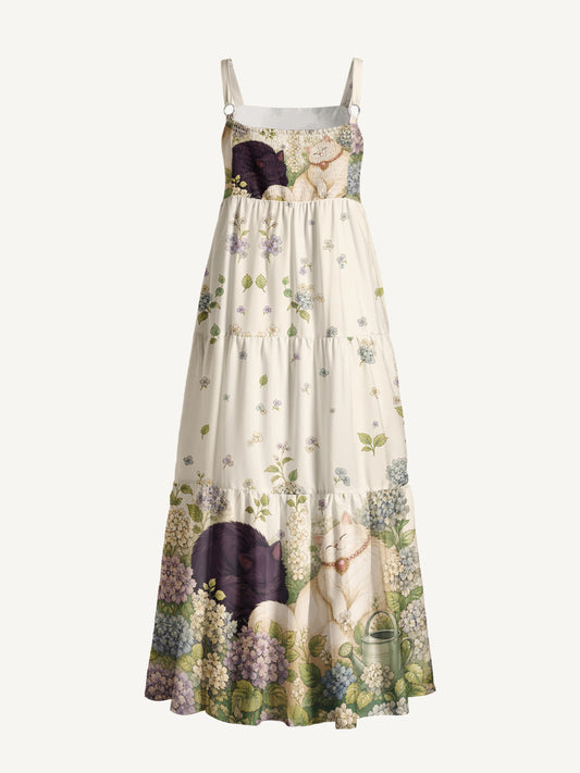 Hydrangea Garden Napping Cats Print Wide Straps Maxi Dress With Pockets