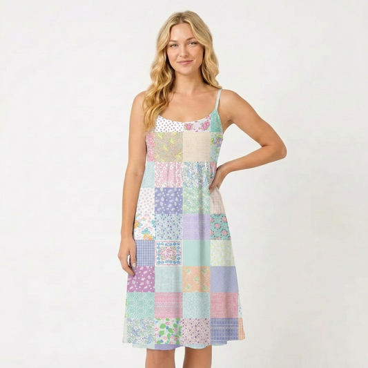 Vintage Quilt Patchwork Spaghetti Strap Mini Dress