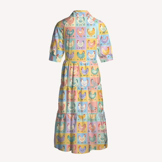 V Neck Collared Pop Chicken Print Casual Midi Dress With Pockets