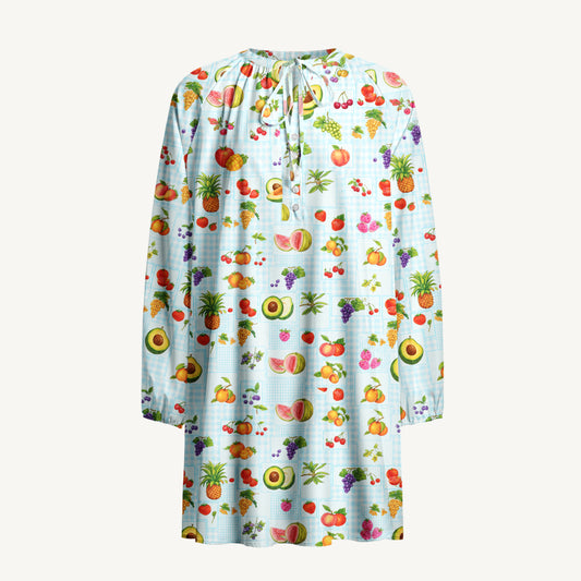 Tropical Fruit Party Print Boho Long Sleeve Tie‑Neck Smock Mini Dress