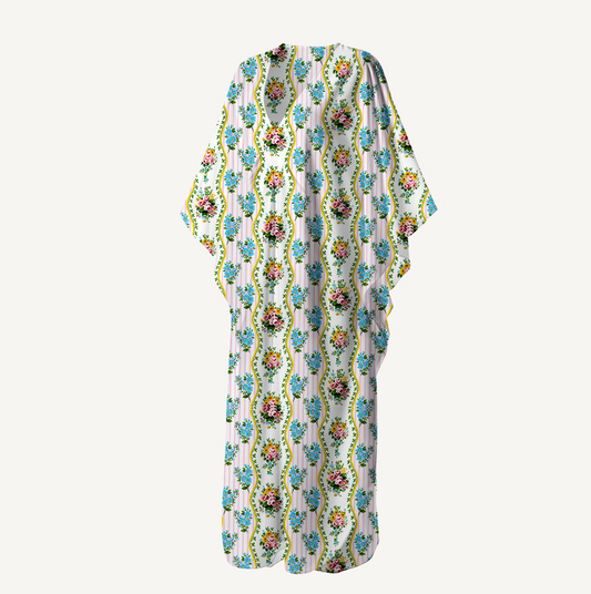 V‑Neck Vintage Bouquet Rose Kimono Sleeve Kaftan Dress