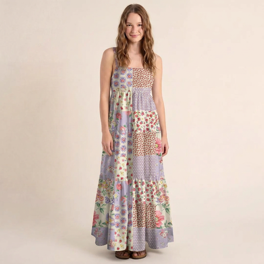 Country Patchwork Floral Printed Wide Straps Maxi Dress With Pockets