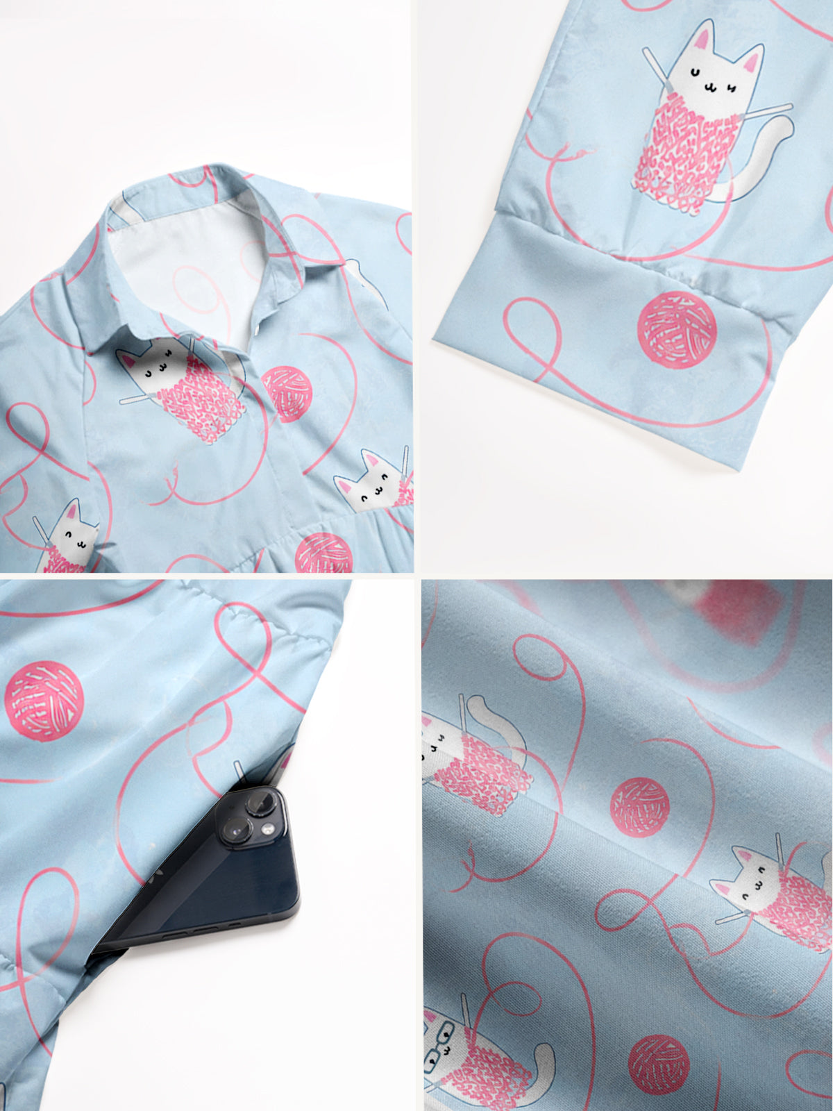 V Neck Collared Cozy Yarn Basket Cat Print Casual Midi Dress With Pockets