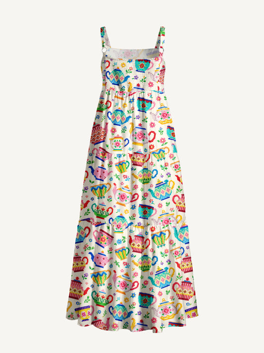 Whimsical Beaded Teapots Print Wide Straps Maxi Dress With Pockets
